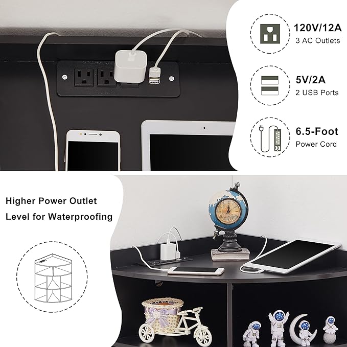 Vecelo Corner Cabinet with Charging Station, 3-Tier Cube Storage Organizer with USB Ports and Outlets, Triangle Bookcases with 8 Cubbies for Playroom, Bedroom, Living Room, Black