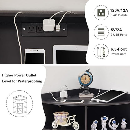 Vecelo Corner Cabinet with Charging Station, 3-Tier Cube Storage Organizer with USB Ports and Outlets, Triangle Bookcases with 8 Cubbies for Playroom, Bedroom, Living Room, Black