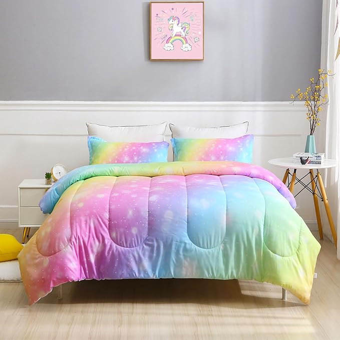 Girls Unicorn Bedding Set 3 Piece Rainbow Comforter Set for Teen Girls Adults with Sparkle Stars Soft Bedding Sets Machine Washable, Multi, Queen