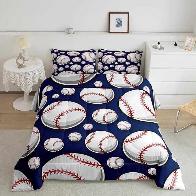 Baseball Bedding Set Sports Theme Comforter Set for Kids Boys Girls Teens 3D Blue Ball Pattern Comforter Breathable Baseball Games Duvet Set Room Decor Quilt Set King Size