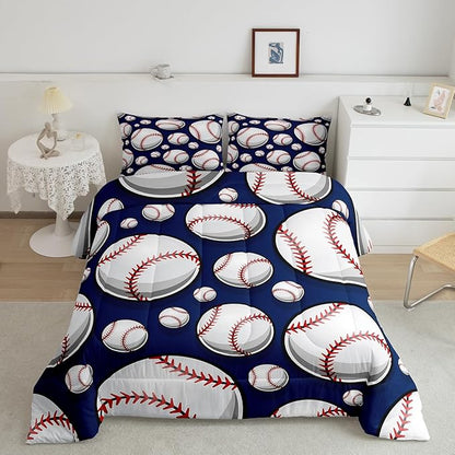 Baseball Bedding Set Sports Theme Comforter Set for Kids Boys Girls Teens 3D Blue Ball Pattern Comforter Breathable Baseball Games Duvet Set Room Decor Quilt Set King Size