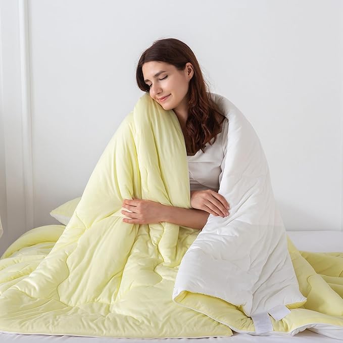 COTTEBED Reversible Queen Sized Bedding Comforter Sets - Cute Jersey Knit T-Shirt Feel Dual-Sided Full Down Comforters - Ultra-Soft Lightweight Quilt & 2 Pillow Shams All Season Use (Yellow and White)