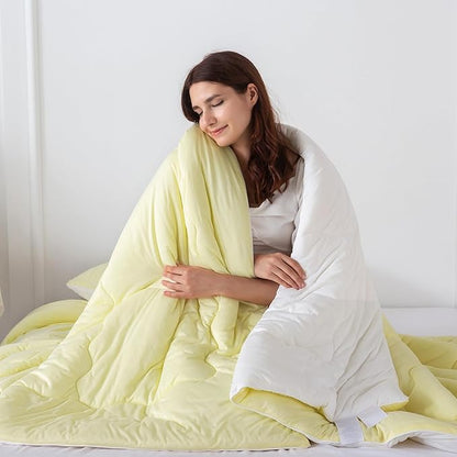 COTTEBED Reversible Queen Sized Bedding Comforter Sets - Cute Jersey Knit T-Shirt Feel Dual-Sided Full Down Comforters - Ultra-Soft Lightweight Quilt & 2 Pillow Shams All Season Use (Yellow and White)