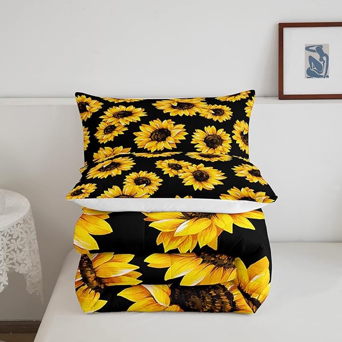 3D floral Comforter Set Queen for Kids Girls Women Yellow Flowers Bedding Set Sunflower Pattern Decor Quilted Duvet Set Botanical Floral Print on Black Down Comforter Garden Bloom Bed with pillowcases