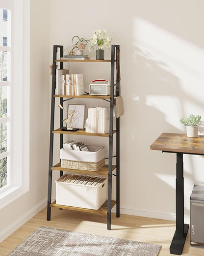 Ladder Shelf, Bookshelf Bookcase, Freestanding Corner Storage Shelve with 2 Hooks for Home Office, Living Room, Kitchen, Bedroom, Industrial, 5-Tier Rustic Brown BC19301B
