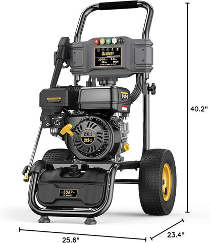 BLUBERY 3500PSI Gas Pressure Washer, 2.6GPM 212CC Heavy Power Washer, 30Ft High Pressure Hose&Soap Tank, 5 Adjustable Nozzles, Cleaning for Driveway/Concrete/Vinyl Fencing,Max