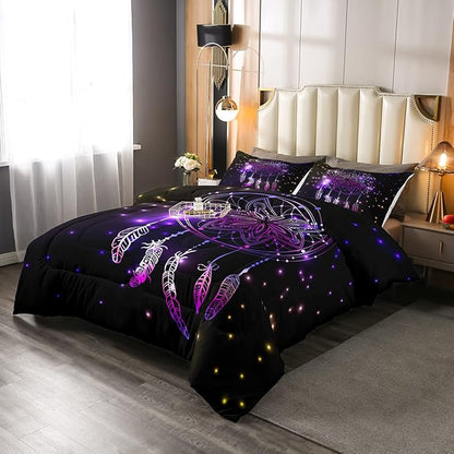 Erosebridal Dream Catcher Feather Comforter Set, Bohemian Mandala Down Comforter King Size for Kids Girls Boys, Starry Sky Galaxy Bedding Set Boho Tie Dye Exotic Flower Quilted Duvet, Purple