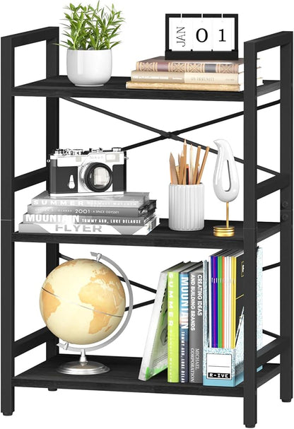 Yoobure Bookshelf Small Book Shelf, Solid Industrial 3 Tier Shelf Bookcase, Short Book Case for Bedroom, Living Room, Office Home, Small Spaces, Black