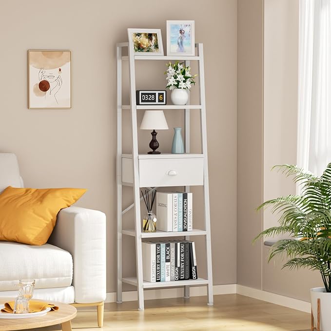 Furologee 5 Tier BookShelf, Ladder Shelf with Drawer, Tall Bookcase Corner Shelf, Narrow Shelf Industrial Display Standing Units for Home Office, Living Room, Bedroom, Kitchen, White
