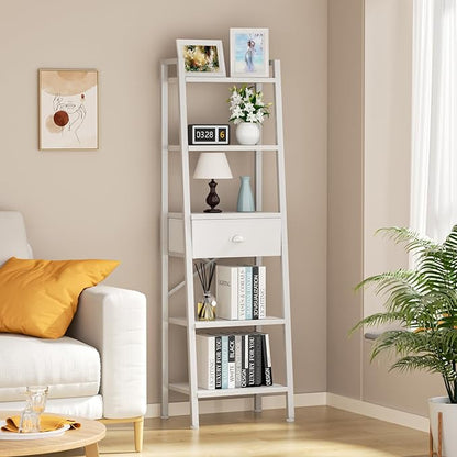 Furologee 5 Tier BookShelf, Ladder Shelf with Drawer, Tall Bookcase Corner Shelf, Narrow Shelf Industrial Display Standing Units for Home Office, Living Room, Bedroom, Kitchen, White