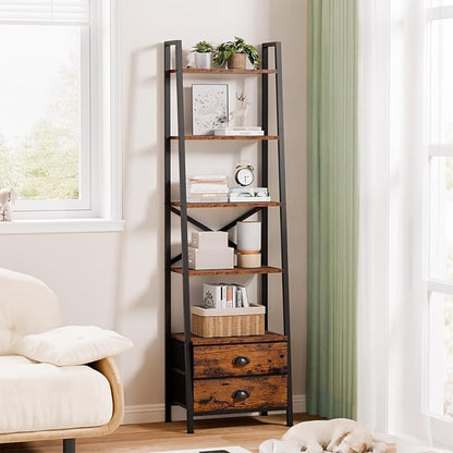 Furologee 5-Tier Ladder Shelf with 2 Drawers,Narrow Bookshelf Storage Shelves,Industrial Bookcase Freestanding Shelf Units for Bedroom,Living Room,Bathroom,Home Office,Balcony,Wood Metal,Rustic Brown