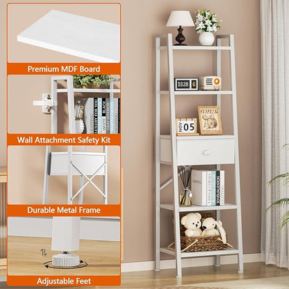 Furologee 5 Tier BookShelf, Ladder Shelf with Drawer, Tall Bookcase Corner Shelf, Narrow Shelf Industrial Display Standing Units for Home Office, Living Room, Bedroom, Kitchen, White
