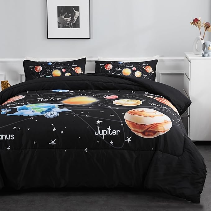 Outer Space Bedding Set King Solar System Comforter Set 3 Pieces 1 Space Comforter Twin and 2 Pillow Cases for Boys Girls Kids Ultra-Soft Microfiber All Seasons for Bedroom Sofa