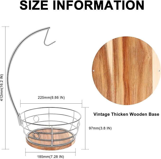 Livabber Countertop Fruit Basket Bowl with Banana Hanger, Modern Standing Fruit Vegetable Bowl Storage, with Banana Tree Holder for Kitchen Dinning Table (Round Wood, Chrome)