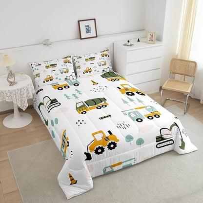 Feelyou Excavator Kids Comforter Construction Trucks Comforter Set for Boys Teens Heavy Vehicles Decor Bedding Set Cartoon Cars Green Orange Quilt Set with 1 Pillowcase 2Pcs Bedding Twin