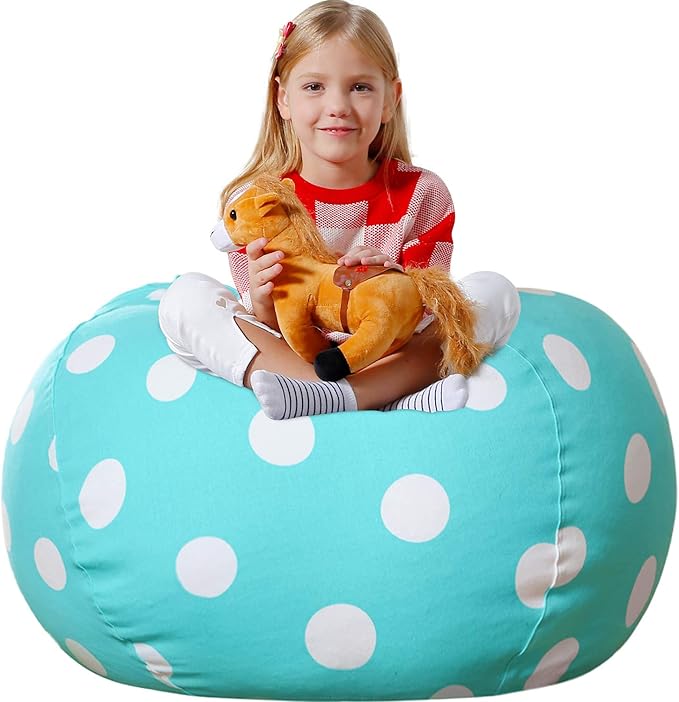 Aubliss Stuffed Animal Bean Bag Storage Chair, Beanbag Covers Only for Organizing Plush Toys, Turns into Bean Bag Seat for Kids When Filled, Medium 32"-Canvas Dot Light aqua