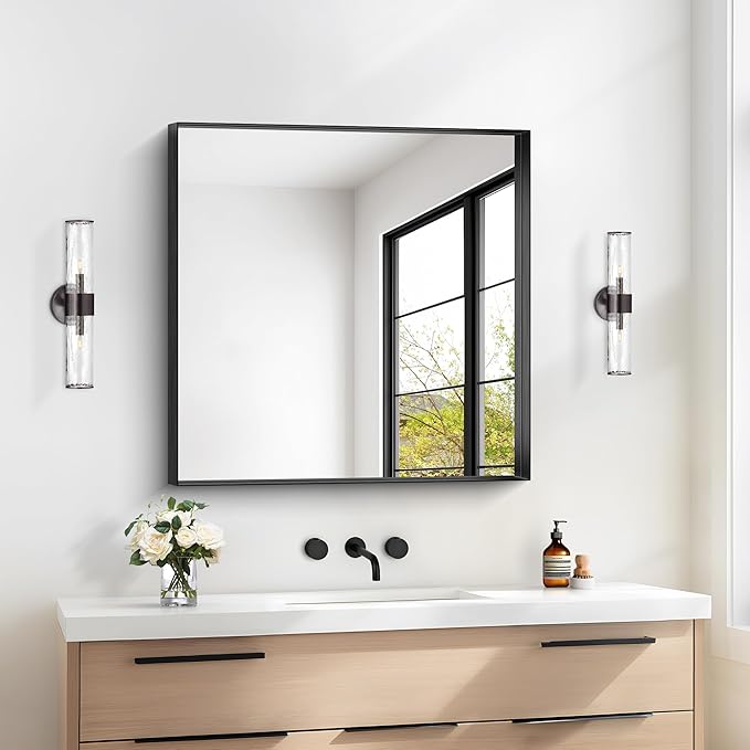 Black Bathroom Mirror, 30x30 Inch Rectangular Framed Mirror, Large Wall Mounted Bathroom Vanity Mirror Over Sink for Bedroom,Restroom, Living Room, Hangs Vertically or Horizontally
