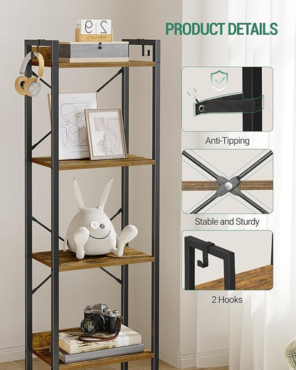 Bookshelf, Book Shelf, Industrial Bookcase with 2 Hooks, Coner Shelf Storage Organizer for Home Office, Living Room, Bedroom, Kitchen, 4-Tier Rustic Brown BC10401B