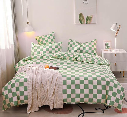 Green White Grid Comforter Set King Sage Green Plaid Bedding Set Women Light Green White Checkered Bed Comforter Set Breathable Blanket Set Men Durable Bedding Comforter Set