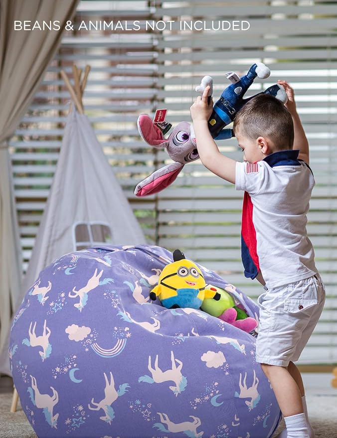 Aubliss Stuffed Animal Storage Bean Bag, Unicorn Bean bag Chair, Stuff 'n Sit for Kids, X-Large 48"-Canvas Unicorn Blue