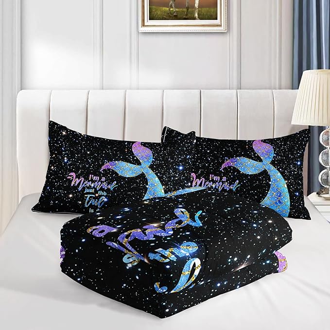 Datura home Bedding Comforter Set Black Starry Sky Mermaid Printed Pattern Quilt with 1 and 2 Pillowcases for Girls Bedroom All Season(Black Full) Full 80x90inches