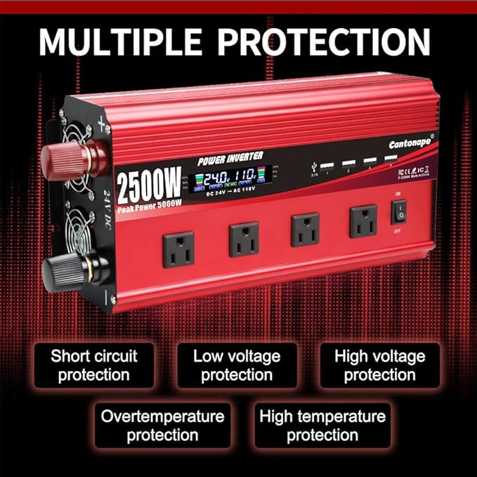 2500W Power Inverter 24V to 110V/120V DC to AC with LCD Display, Remote Controller 4 x AC Outlets and 4 x 3.1A USB Car Adapter for Car Truck Boat RV Solar System