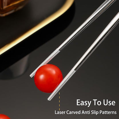 Stainless Steel Chopsticks Reusable, 5 Pairs, Silver Crack Pattern | Dishwasher Safe,18/8 Stainless Steel,Metal Chopsticks,Lightweight,Non-Slip,Laser engraving patterns