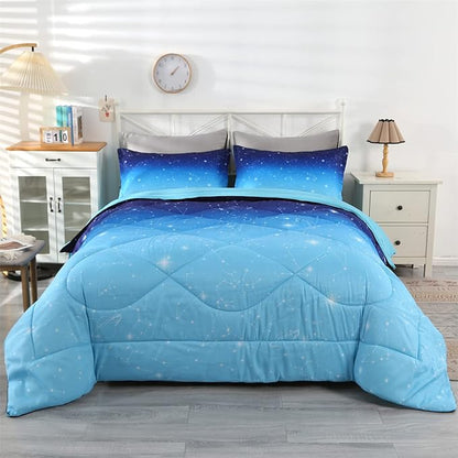 Wowelife Galaxy Comforter Set Queen 5 Pieces Glitter Bedding Set Blue 3D Stars Kids Bedding Set Bed in a Bag for Boys and Girls with Comforter, Flat Sheet, Fitted Sheet and 2 Pillowcases