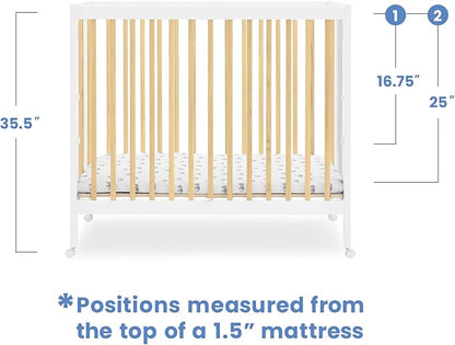 Delta Children Mia Portable Folding Mini Crib with 1.5-Inch Mattress - Greenguard Gold Certified, Bianca White/Natural