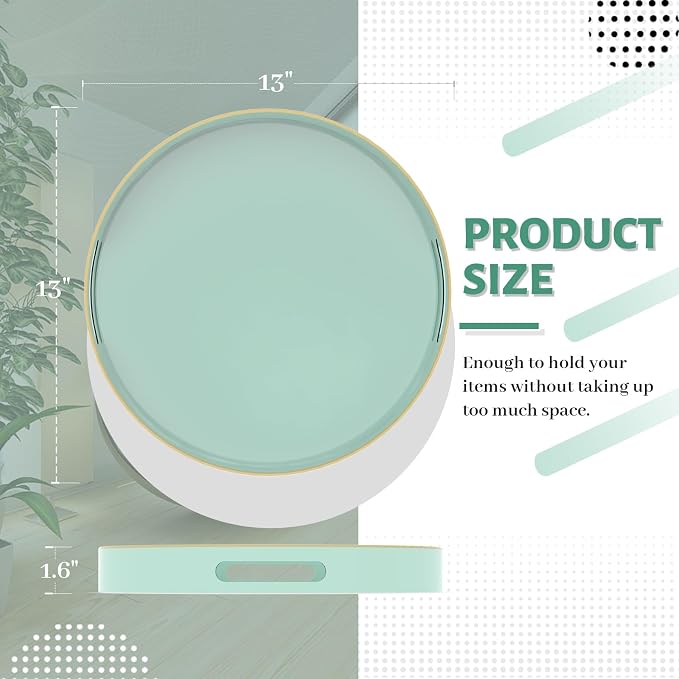 MAONAME 13" Mint Green Decorative Tray, Round Serving Tray with Handles | Plastic Decorative Tray for Coffee Table, Modern Ottoman Tray, Circle Tea Tray, Round Melamine Tray for Living Room, Bathroom