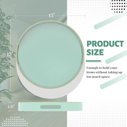 MAONAME 13" Mint Green Decorative Tray, Round Serving Tray with Handles | Plastic Decorative Tray for Coffee Table, Modern Ottoman Tray, Circle Tea Tray, Round Melamine Tray for Living Room, Bathroom