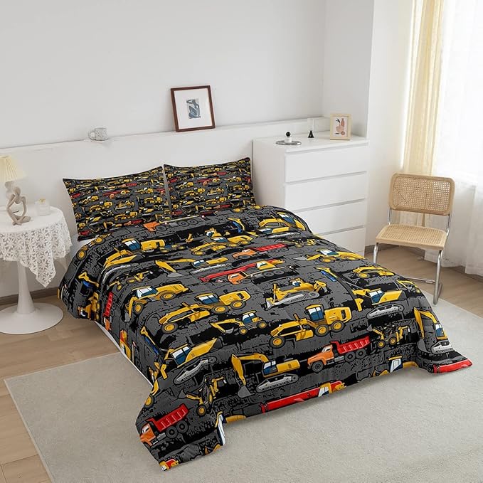Boys Full Size Construction Comforter Set,Kids Tractor Comforter Yellow Trucks Car Bed Room Decor,Equipment Excavator Bedding Set Cartoon Vehicle Quilt Duvet Set Soft Lightweight Dark Grey 3 Pcs