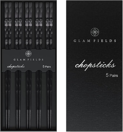 5 Pairs Japanese Fiberglass Chopsticks, GLAMFIELDS Reusable Chop sticks Dishwasher Safe, Non-slip, 9 1/2 inches - Gift Set Black