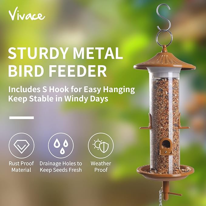 Vivace Hanging Bird Feeders, Easy to Fill 12" Tube Metal Bird Feeder for Outdoors, 4 Ports, with S Hook