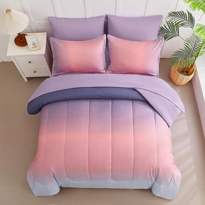 Dinjoy Girls Comforter Set Full Size Colorful Rainbow Ombre Pink Purple Light Blue Bedding Set Gradient 7 Pieces Bed in A Bag for Kids Teen Women(1 Comforter, 1 Flat Sheet, 1 Fitted Sheet)