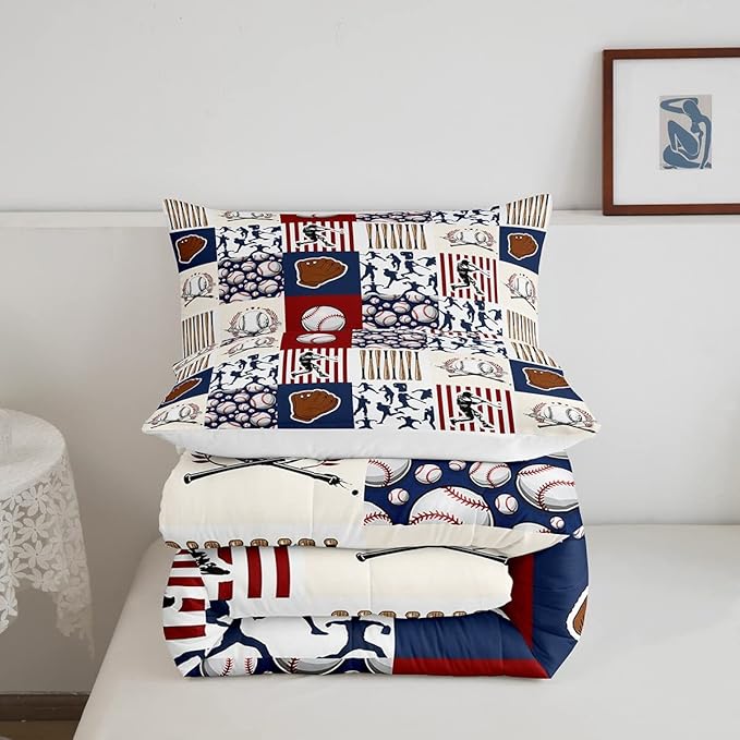 Erosebridal Kids Baseball King Comforter Set for Boys,Teen Baseball Athlete Bedding Set Room Decor Sports Theme Bed Comforter Sets Baseball Bat Gloves Quilt Duvet with 2 Pillow Cases Red Navy Blue