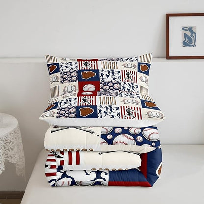 Erosebridal Kids Baseball King Comforter Set for Boys,Teen Baseball Athlete Bedding Set Room Decor Sports Theme Bed Comforter Sets Baseball Bat Gloves Quilt Duvet with 2 Pillow Cases Red Navy Blue