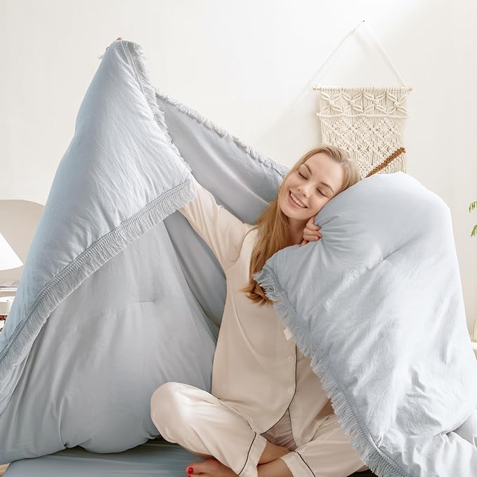 Andency Light Grey Comforter Set King, 3 Pieces Boho Tassel Lightweight Bedding Comforter Sets for King Bed, All Season Soft Fluffy Fringe Bed Set (104x90In Comforter & 2 Pillowcases)