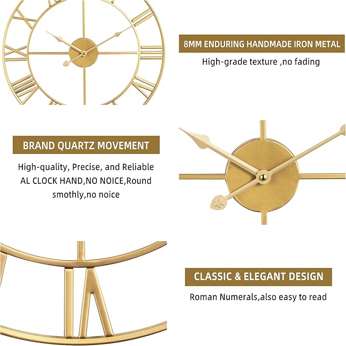Large Wall Clock for Living Room Decor - 60cm/ 24 Inches Silent Non-Ticking Metal Wall Clocks Battery Operated, Vintage Decorative Modern Wall Clock for Bedroom, Office, Farmhouse Decor