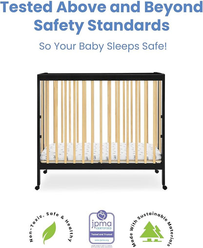 Delta Children Mia Portable Folding Mini Crib with 1.5-Inch Mattress - Greenguard Gold Certified, Ebony Black/Natural