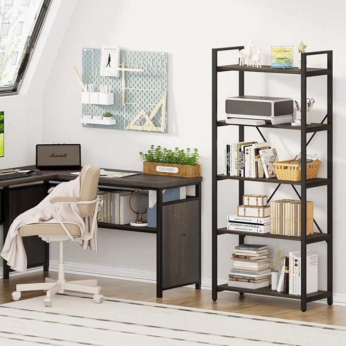 FATORRI 5 Tier Industrial Bookshelf, Rustic Etagere Bookcase for Display, Vintage Shelving Unit Wood and Metal Tall Book Shelves for Home Office (Walnut Brown)