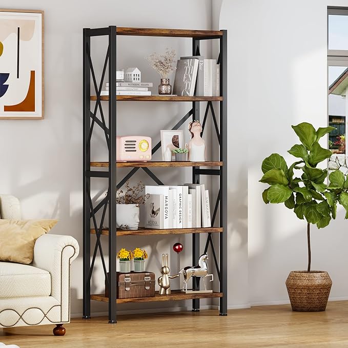 5-Tier Bookshelf,Wood Bookcase,Book Shelf with Steel Frame, Storage Rack with Open Shelves, Rustic Standing Bookshelves Ladder Shelf 110lbs/shelf for Bedroom,Living Room and Home Office