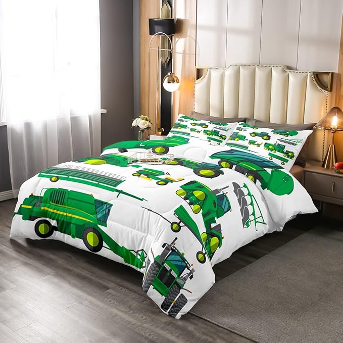 Erosebridal Excavator Comforter Set Queen Kids Cartoon Car Bedding Set Construction Tractor Down Comforter Equipment Trucks Quilt Set for Child Boys Teens Gift,Soft Warm, Bedroom Dercor, Green