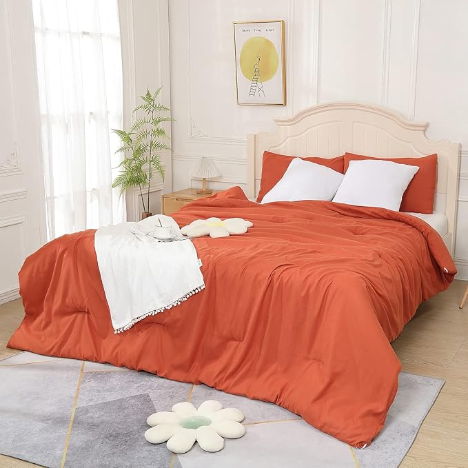 Terracotta Comforter King Size, Modern Burnt Orange Bedding Set, Cute Soft & Lightweight Chic Microfiber Bed Sets, 3 pcs-1 Comforter & 2 Pillowcases (104"x90")