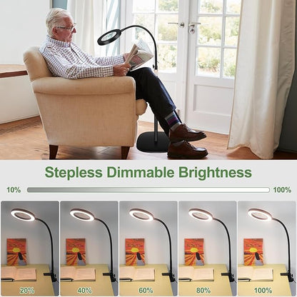 10X&5X Magnifying Glass with Light, 3-in-1 Magnifying Floor Lamp, Flexible Goose Neck, 3 Color Modes 10 Levels Dimmable LED Lighted Magnifier Lamp for Home Office Close Wrok Reading Hands Free