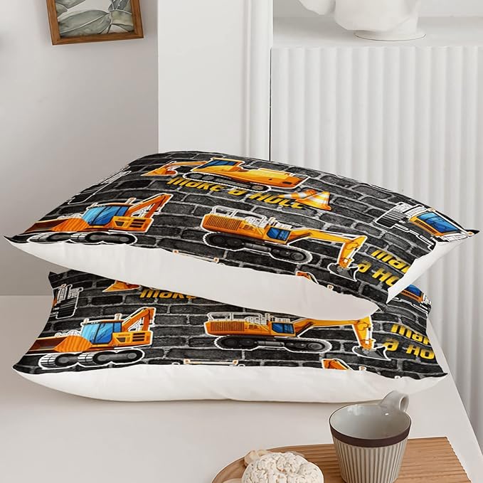 Axolotl Excavator Bedding Set Queen Size,Yellow Excavator Bed Comforter for Kids Boys Teens,Tractor Truck Bedding Set for Boys,Construction Bedding Set for Boys,1 Quilt 2 Pillowcases,Deep Grey