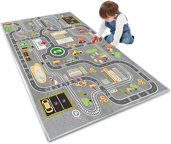 Kids Rug Play Mat Great for Playing with Cars and Toys,Educational Kid Road and Traffic City Life Carpet,Children Baby Fun Throw Rug for Bedroom Play Room,71X106Inch/180X280CM
