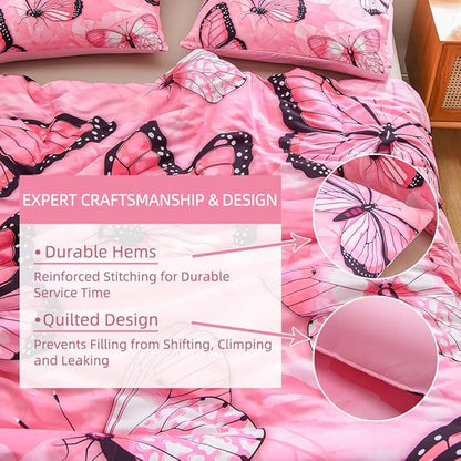Btargot 3 Piece Pink Butterfly Girls Kids Adults Queen Size Comforter Set, Lightweight Soft All Season Bedding Set with 2 Pillowcases