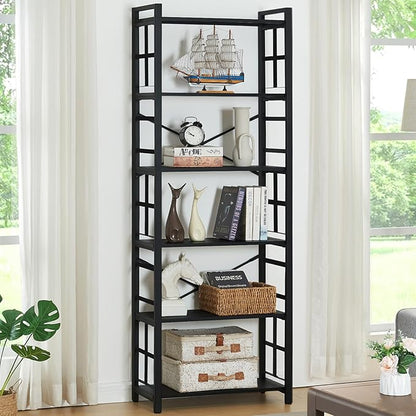 HOMBAZAAR Bookshelf,6 Tier Tall Bookshelf with Metal Frame,Open Bookshelves and Bookcases,Industrial Book Shelf for Living Room,Home Office and Bedroom,Black