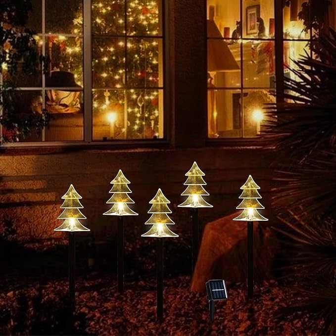 ILLUMINEW Christmas Solar Pathway Lights, Set of 5 Waterproof Landscape Christmas Lights, Stake Christmas Decorations, LED Lights for Yard Lawn Patio Walkway Decor (5PCS-Warm White-Tree)